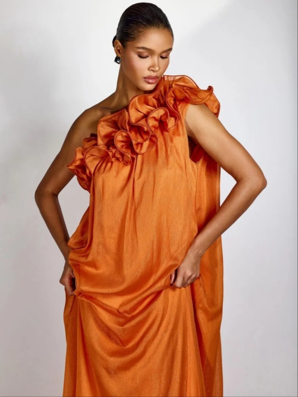 Sunfere Hedda Orange One Shoulder Ruffle Maxi Dress Size S Formal Gown - Picture 4 of 16